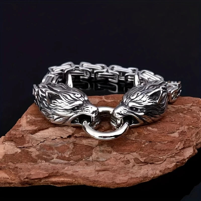 Vikingarmband med Varghuvuden i Rostfritt Stål